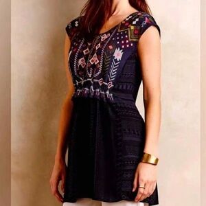 Anthropologie One September Navy Blue Embroidered Lace Dress Size Small